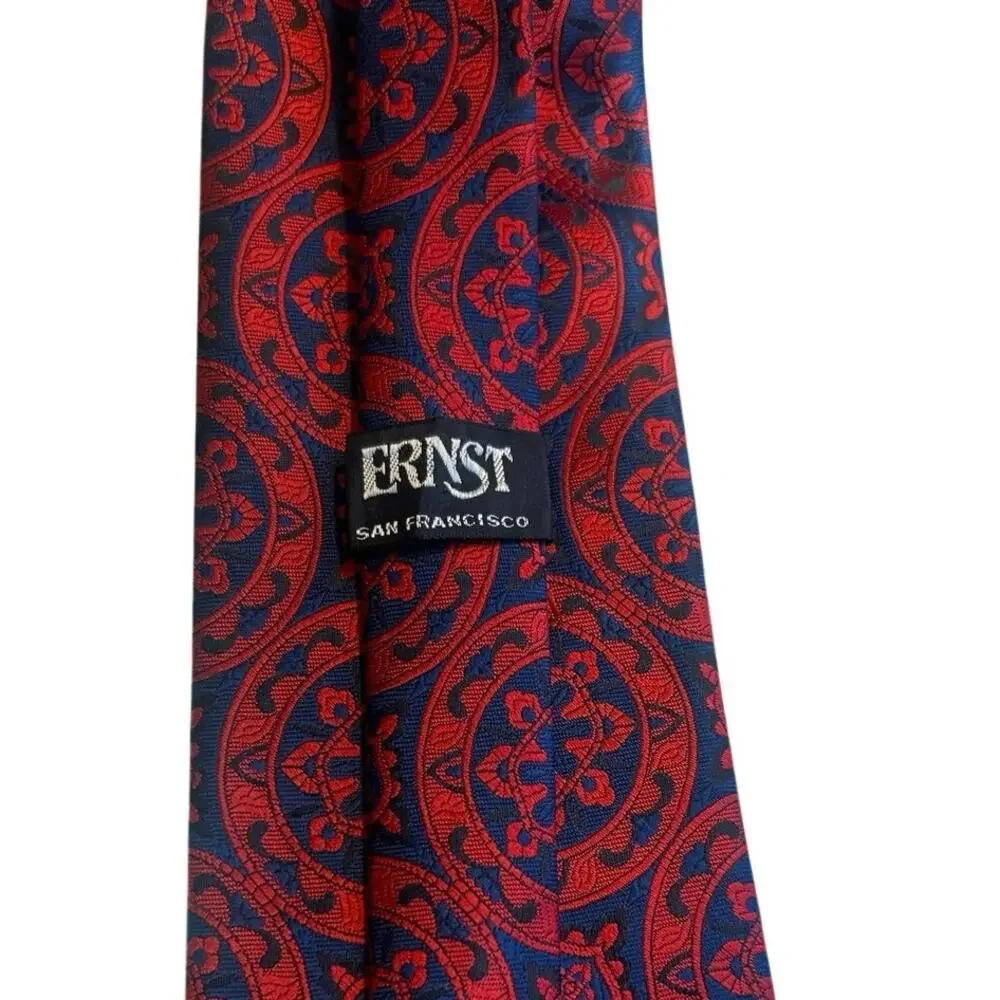 Vtg Necktie Ernst San Francisco Union EX Wide vibrant red/blue/medallion pattern